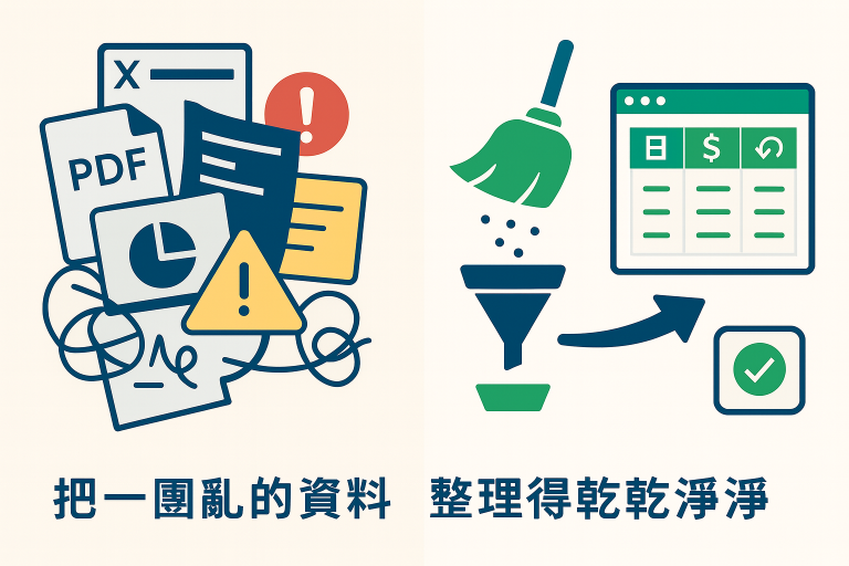 把一團亂的資料整理為乾淨的 Google 試算表流程示意