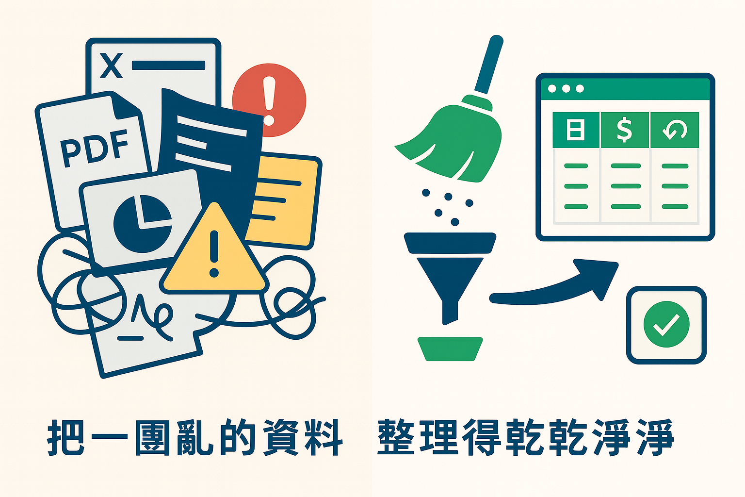 把一團亂的資料整理為乾淨的 Google 試算表流程示意