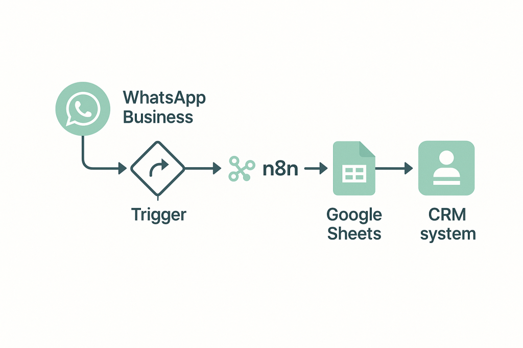 WhatsApp Business 自動化客服流程圖，展示 AI、n8n、Google Sheets 與 CRM 系統整合的貿易自動化工作流程