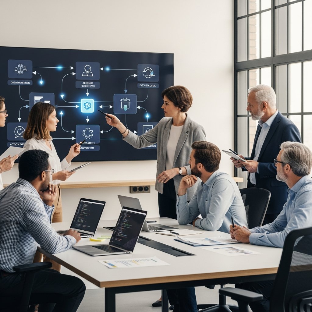 專業團隊在現代辦公室協作，檢視智慧自動化工作流程設計圖與即時數據