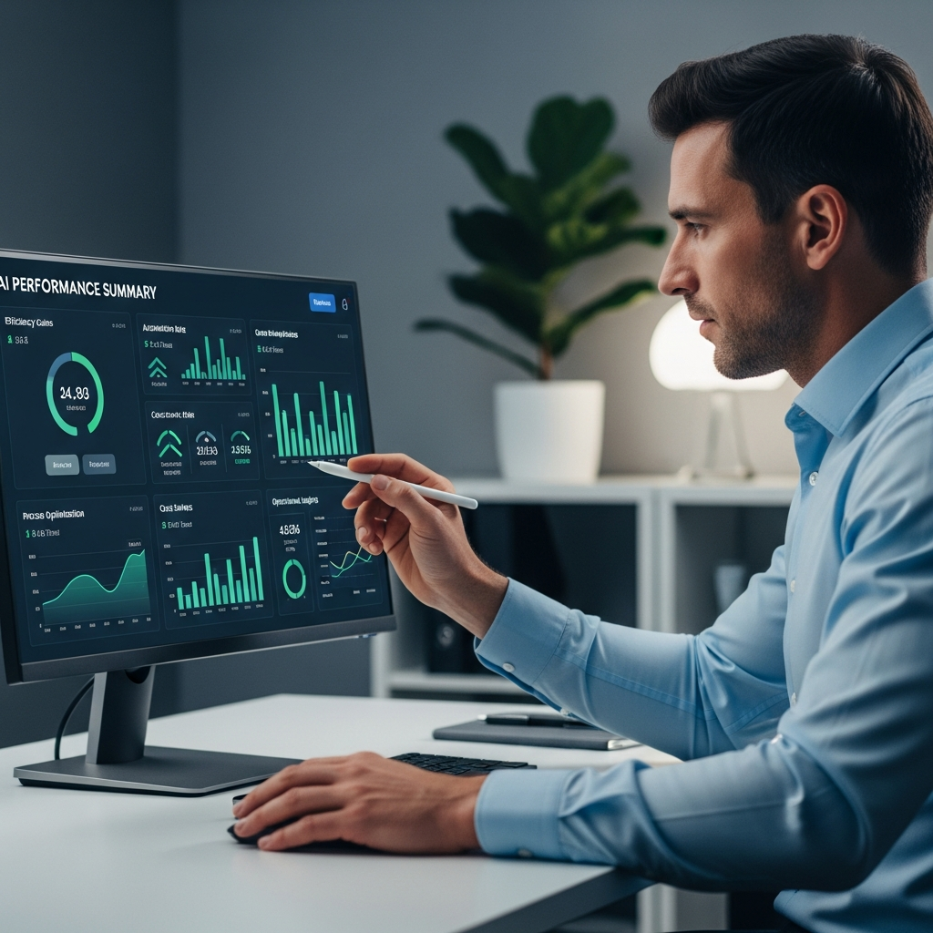專注的商業專業人士在現代辦公室中，審視AI自動化效能儀表板上的即時數據與分析圖表