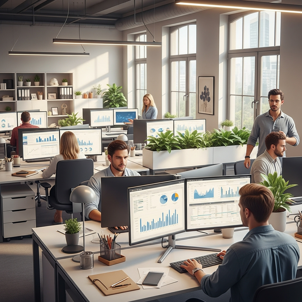 現代化開放式辦公空間，展現專業人士在整潔有序環境中高效工作的場景