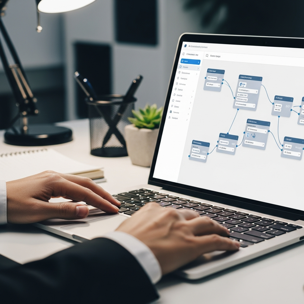 專業人士專注操作筆電，螢幕上顯示清晰的AI自動化流程建構介面與節點圖