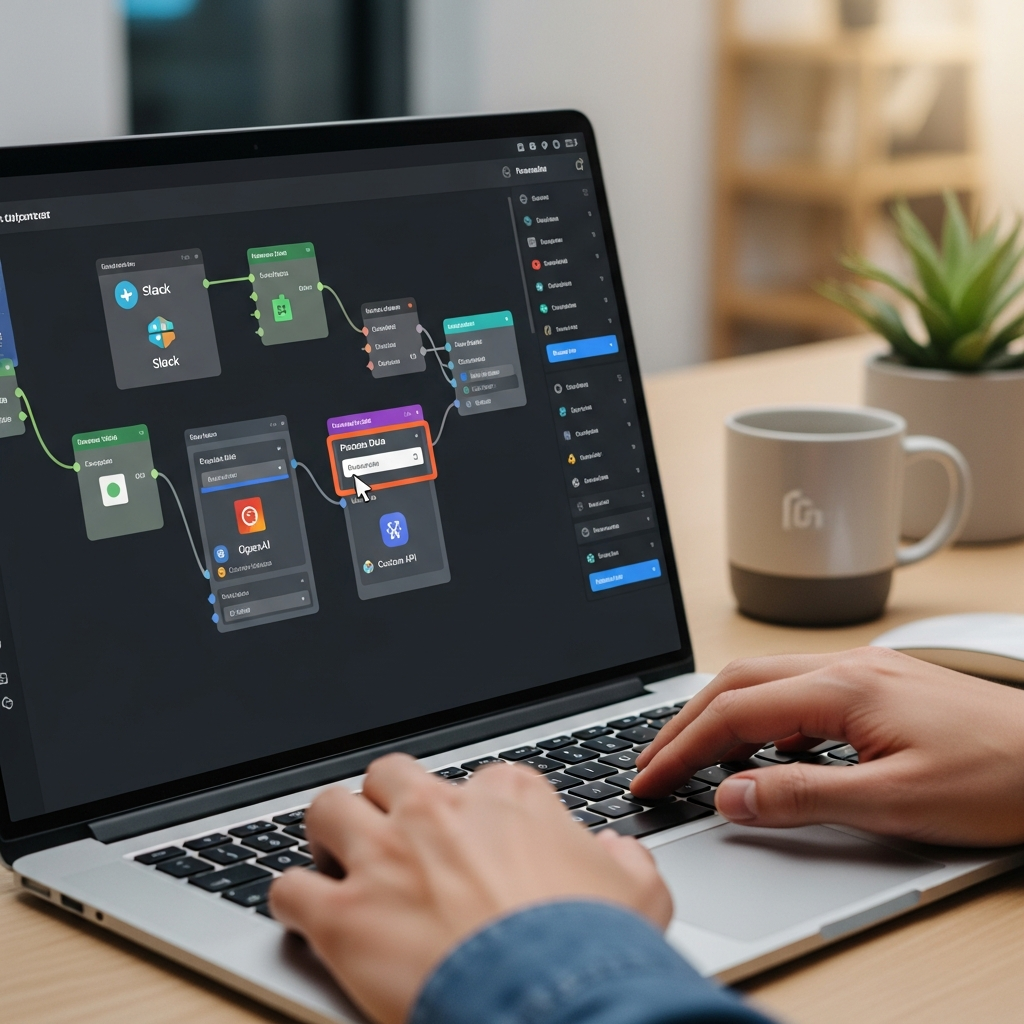 專業人士操作筆電，螢幕上顯示節點式 AI 自動化流程建構工具介面