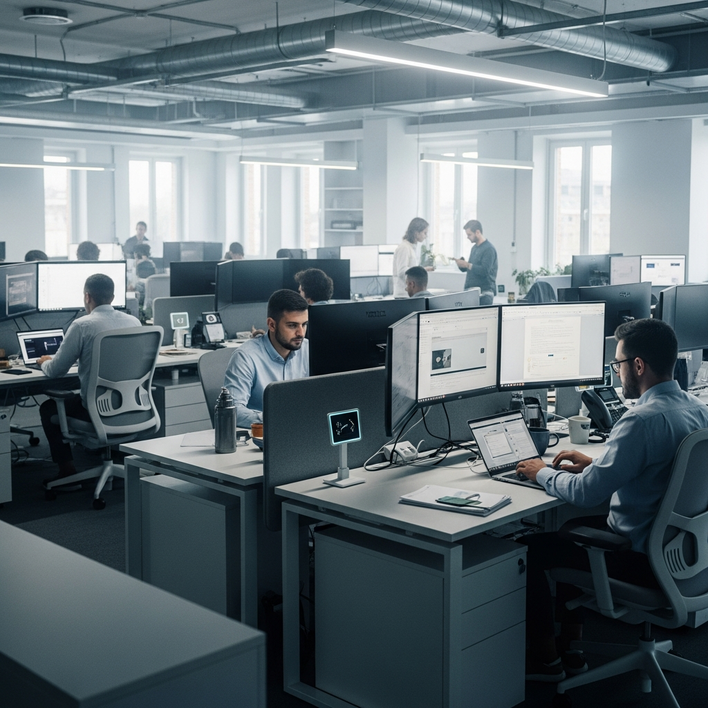 現代開放式辦公空間中，團隊成員高效協作與工作，展現高生產力