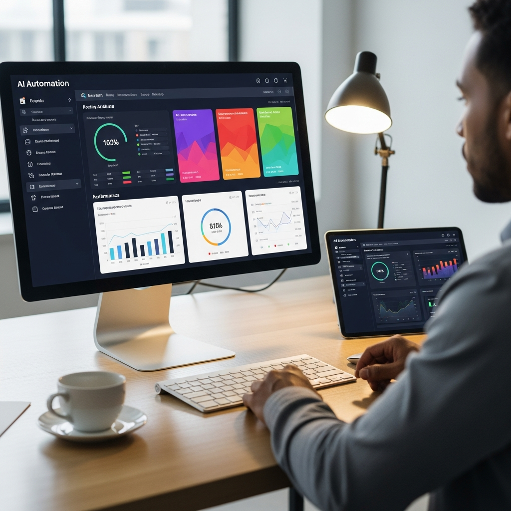 專業人士在現代辦公桌前，檢視 AI 自動化效能儀表板數據分析
