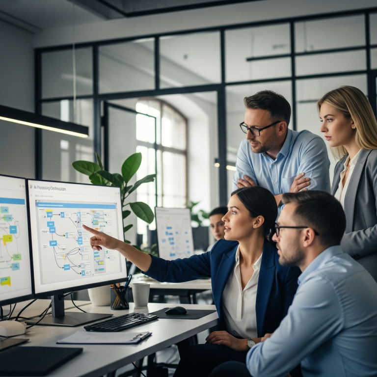多位商務專業人士在現代辦公室協作，檢視 AI 自動化工作流程圖