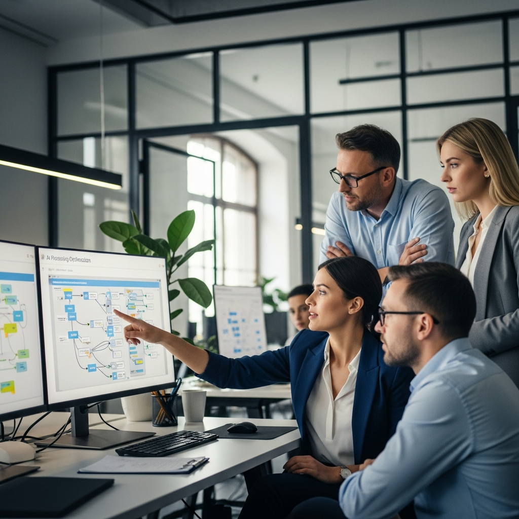 多位商務專業人士在現代辦公室協作，檢視 AI 自動化工作流程圖