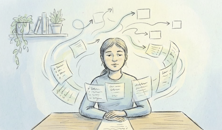 A hand-drawn illustration of a person organizing scattered tasks into a simple workflow to reduce mental load.