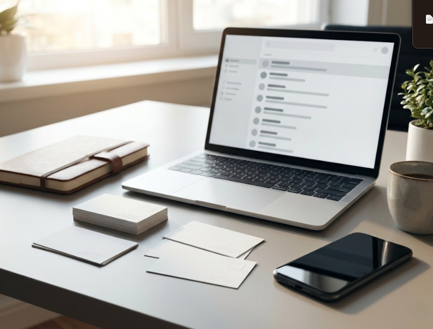 Organized business cards and digital contacts illustrating a business card automation follow-up workflow