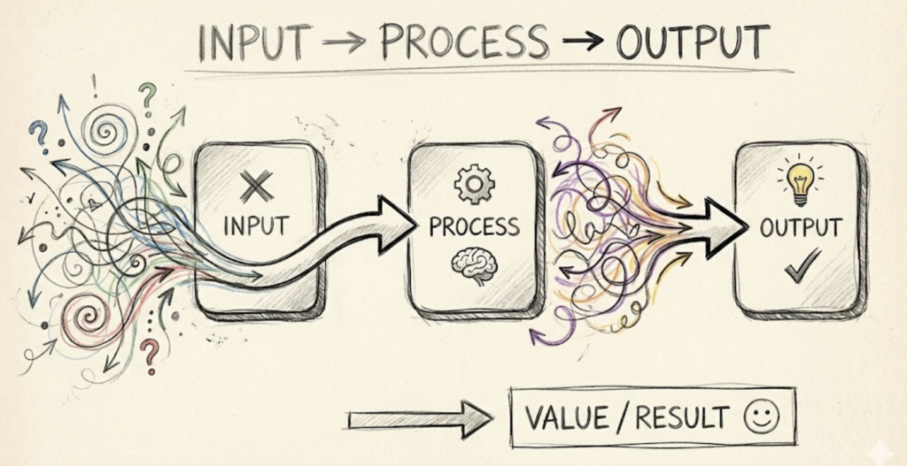 A hand-drawn diagram showing the Input, Process, and Output model as a clear workflow.