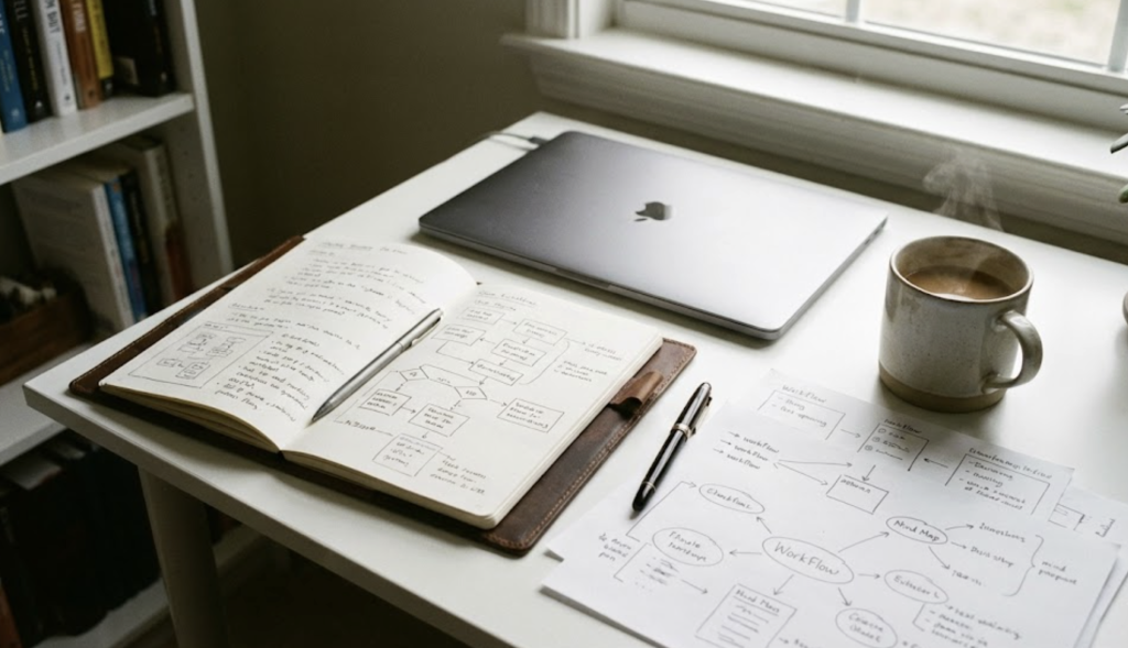 An office desk setup showing workflow notes and planning materials in a calm working environment.