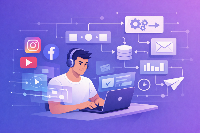 現代內容創作者使用筆電操作自動化工作流程系統，周圍顯示Instagram、Facebook、YouTube社群圖示與資料節點連線圖，呈現數位行銷自動化與多平台內容整合概念。