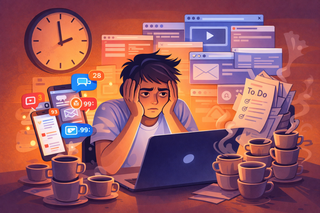 深夜加班的內容創作者坐在電腦前，桌上堆滿咖啡杯，手機通知爆滿，待辦清單溢出，畫面呈現數位工作壓力與社群經營疲勞情境。