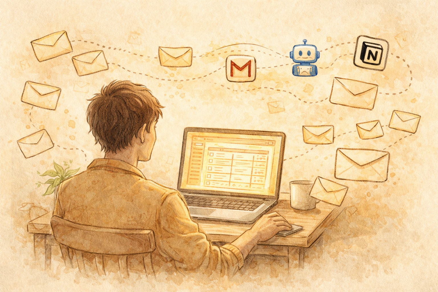 一個人坐在書桌前，桌上散落著幾封信件，旁邊的筆電螢幕上顯示整齊的 Notion 資料庫，象徵電子報自動整理成知識庫的流程