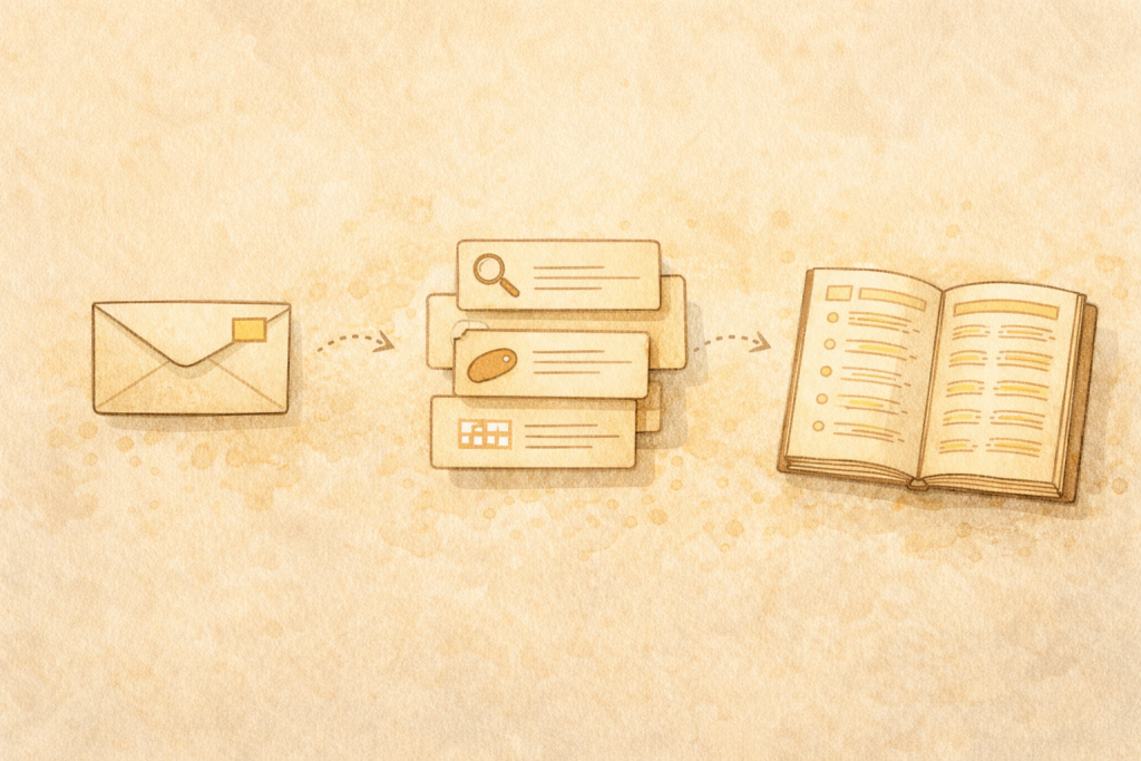 呈現電子報經過三層 AI 分析的流程：從收到信件、知識摘要與分類、到最終整理進 Notion 知識庫