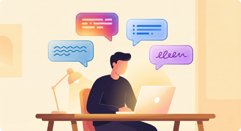 社群媒體經理在筆電前工作的插畫，周圍環繞著代表不同平台的訊息氣泡