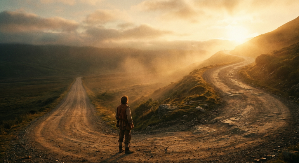 一位孤獨的旅人站在山區土路的十字路口。時間是日出，金色的陽光戲劇性地穿透雲層，照亮了一條蜿蜒向上通往遠方的道路。旅人背對鏡頭凝視著光明的前方，象徵著希望與人生抉擇。