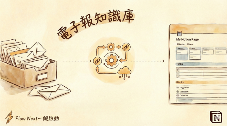 n8n 電子報自動化萃取流程圖：從混亂收件匣到 Notion 結構化知識庫的手繪風格插圖，由 Flow Next 製作。
