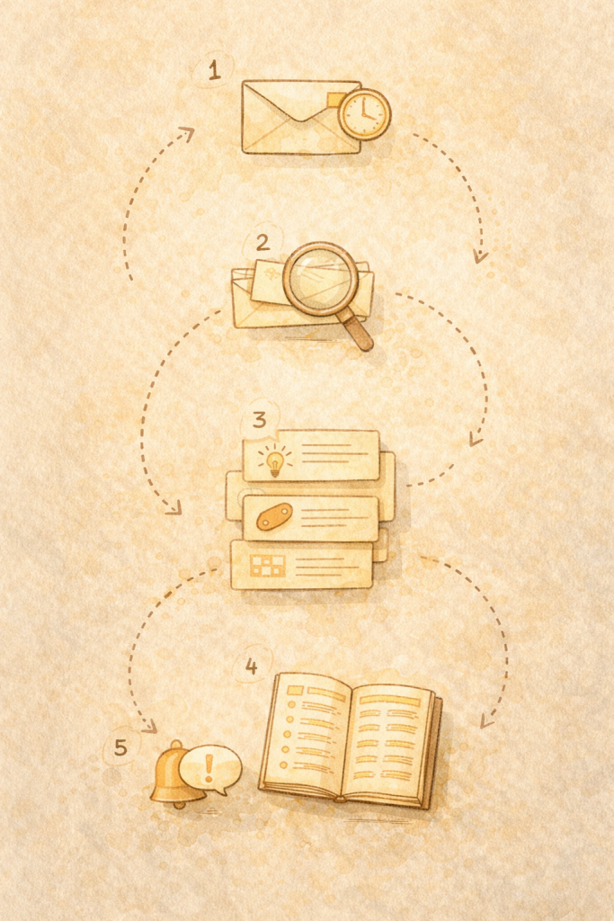 8n 電子報自動化流程五大步驟：自動偵測信件、辨識來源、AI 三層分析、寫入 Notion 知識庫、Slack 錯誤通知