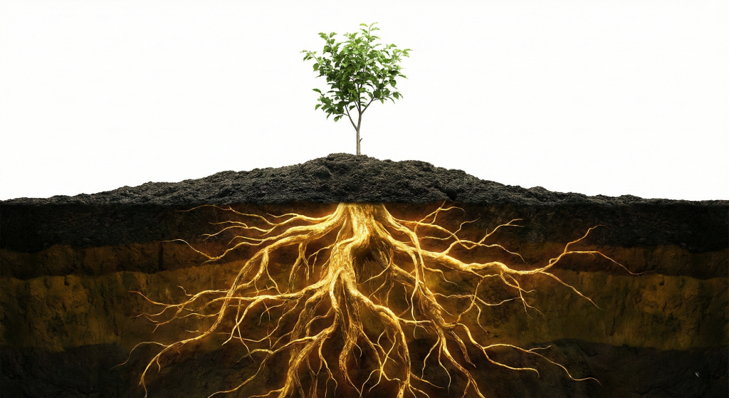 地面上有一棵小樹苗，而其下方則連接著一個龐大、複雜且發著金黃色光芒的巨大根系，象徵著隱藏的潛力、深厚的基礎或冰山一角理論