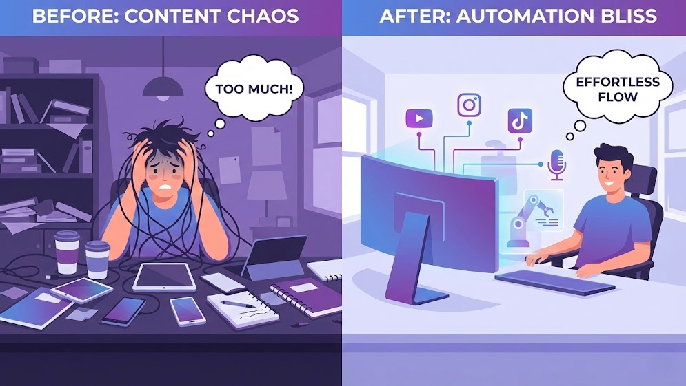 內容創作者從工作混亂到使用 n8n 自動化流程的轉型對比插畫
