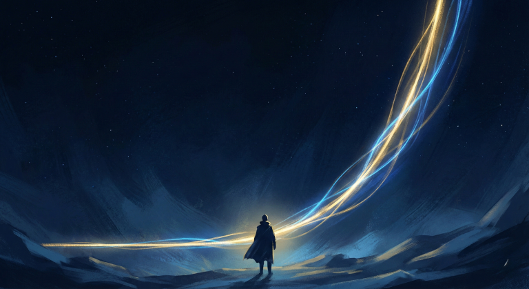 一位孤獨的學習者站在巨大的藍金色發光曲線底部，該曲線象徵指數型學習曲線。它以漫長的平坦期開始，代表技能累積的停滯感，隨後陡峭地向上彎曲，象徵複利技能帶來的爆發性成長。