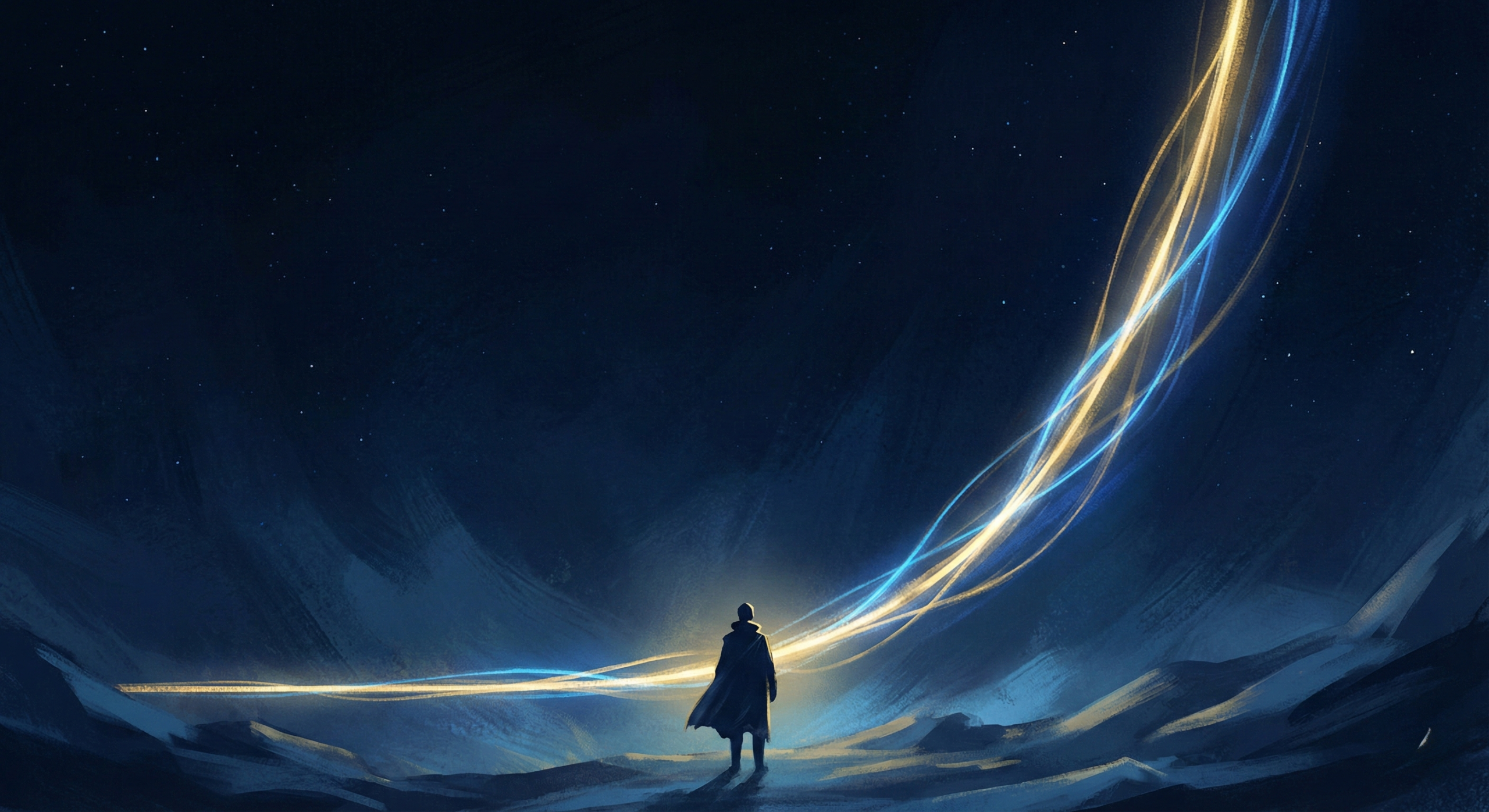 一位孤獨的學習者站在巨大的藍金色發光曲線底部，該曲線象徵指數型學習曲線。它以漫長的平坦期開始，代表技能累積的停滯感，隨後陡峭地向上彎曲，象徵複利技能帶來的爆發性成長。